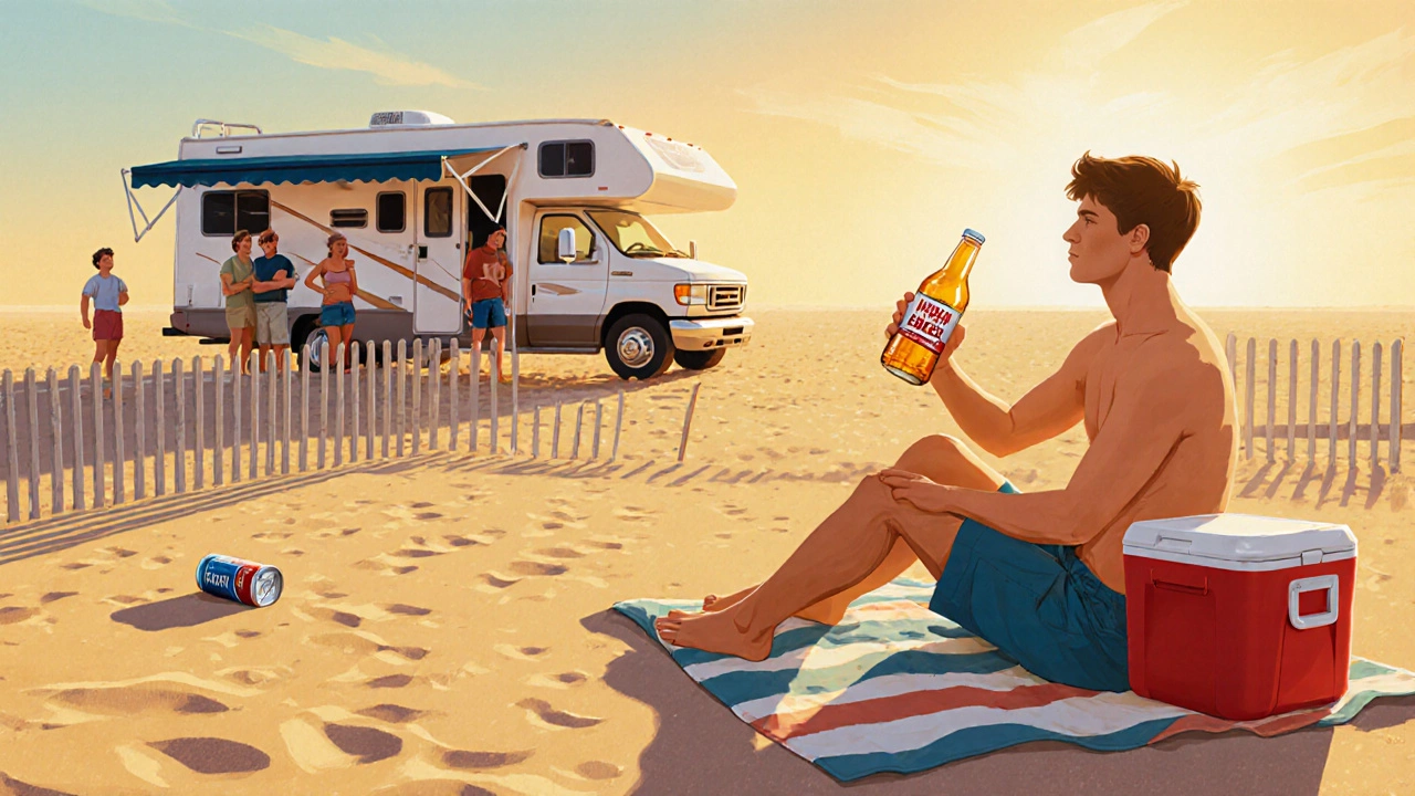 A person sitting on the beach with sealed non-alcoholic drinks, a discarded beer can just outside private property.