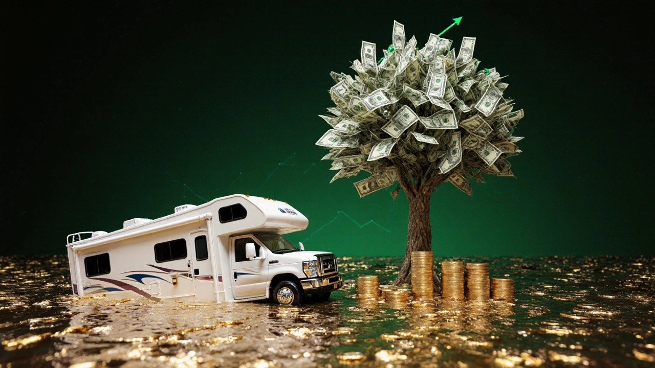 Abstract image of an RV sinking into coins while a tree of compound interest grows above it.