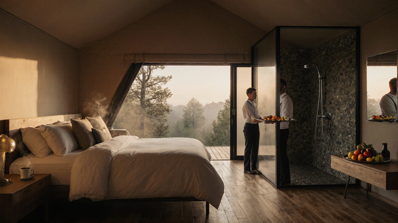 Boutique glamping cabin interior with forest view, plush bed, modern bathroom, and breakfast.