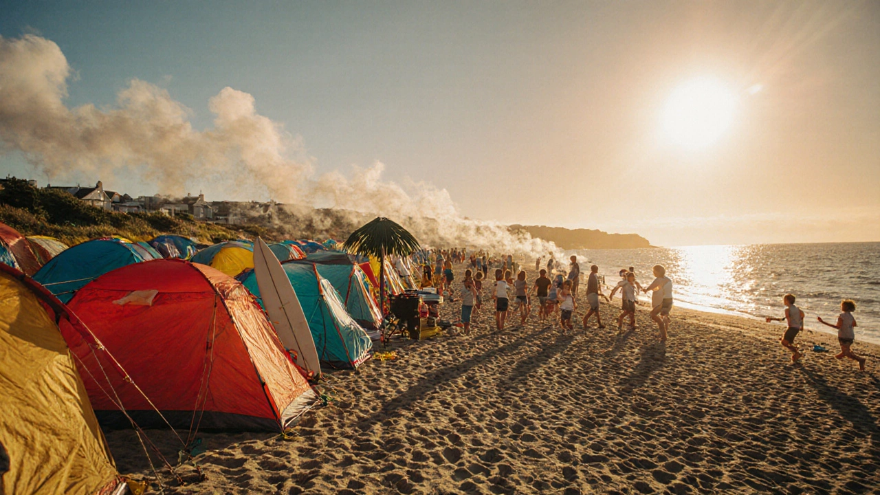 Busy summer beach campsite in Cornwall with tents, BBQs and families under bright sun.