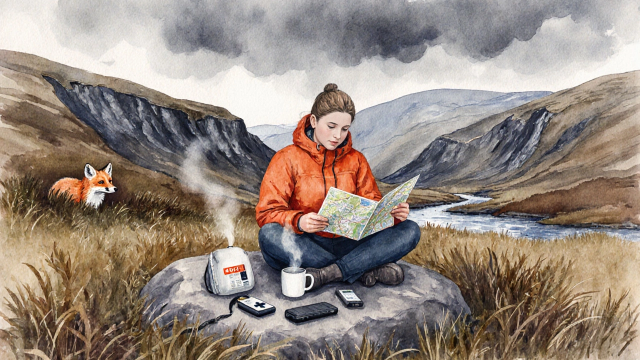 Camper checking map near rocks as clouds gather and a fox watches.