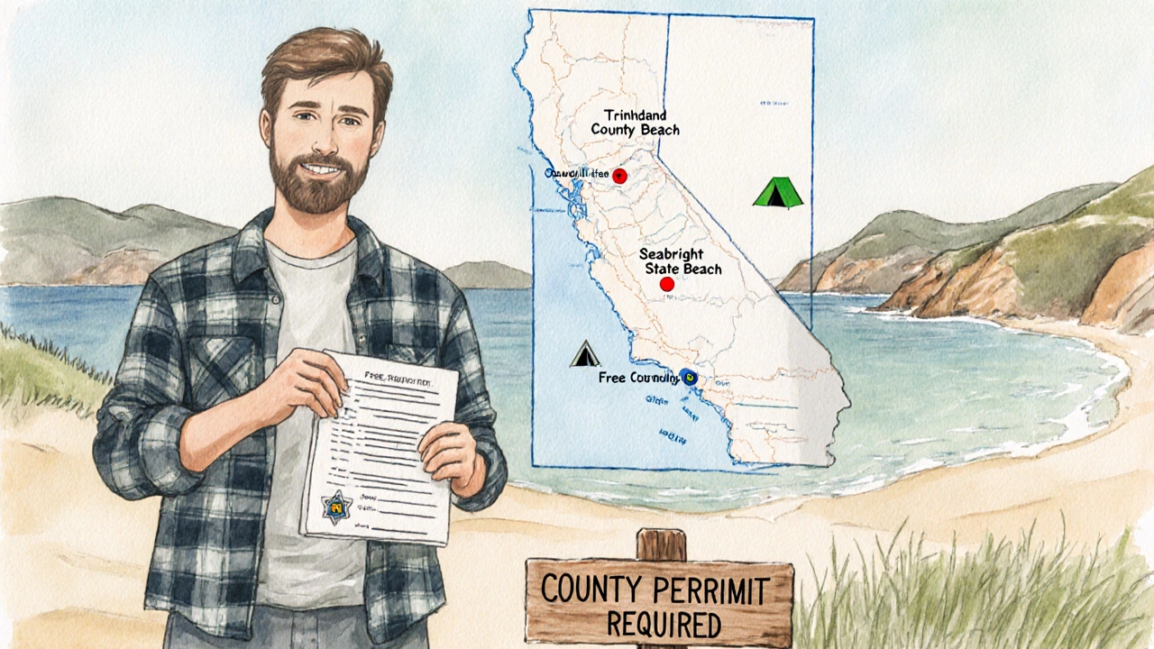 Camper holding a permit beside a sign, with a watercolor map showing three free beach sites.