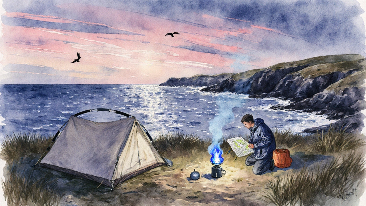 Coastal campsite at twilight with tent, stove, map, and headlamp.