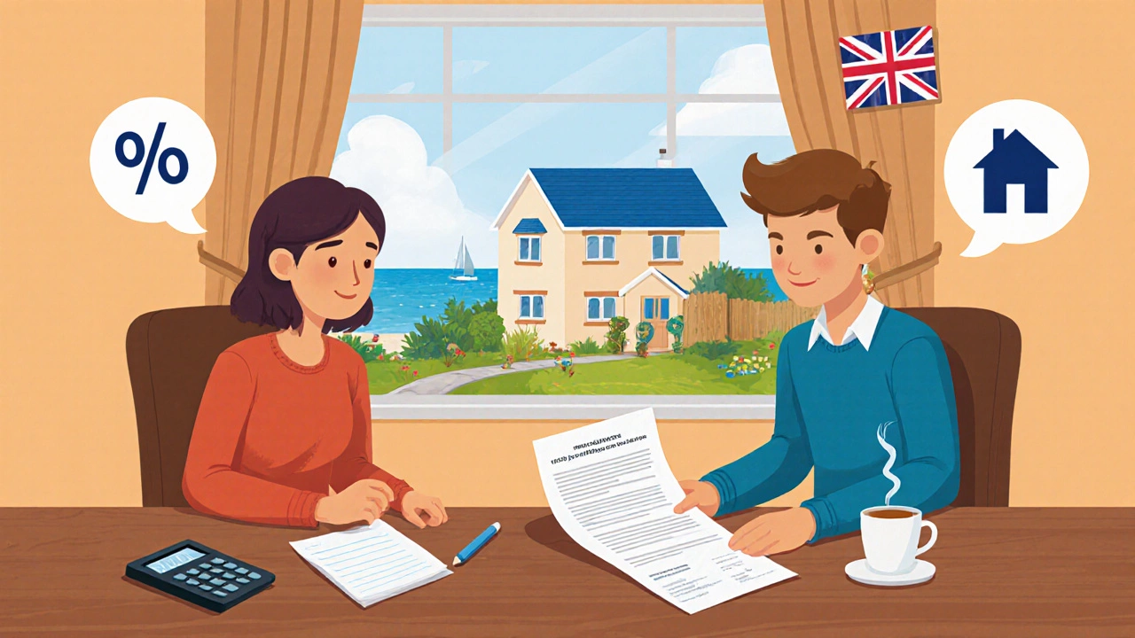 Couple in home office reviewing mortgage papers, seaside house visible through window.