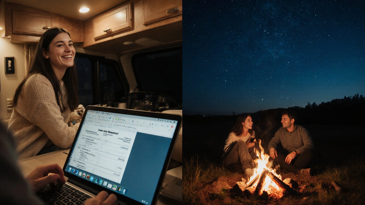 Couple inside an RV at night with loan documents, contrasted with them by a campfire under stars.