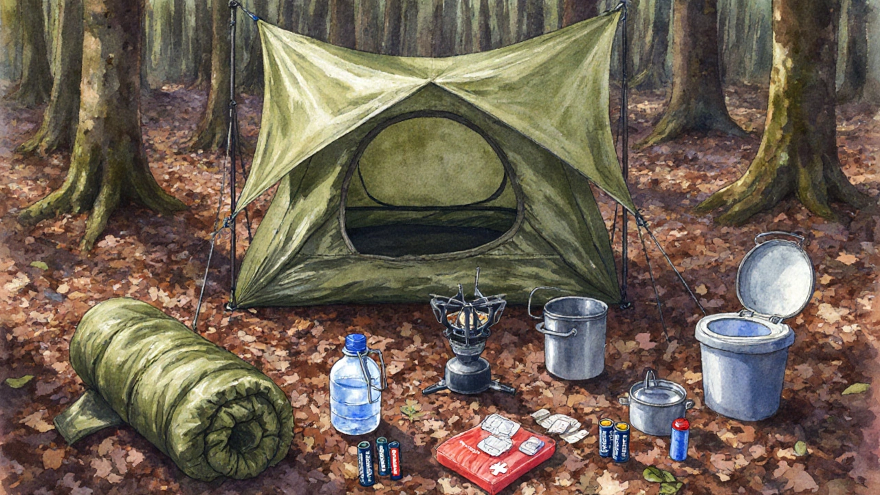 Displayed camping gear: water filter, stove, tarp, sleeping bag, headlamp, portable toilet, first aid kit.