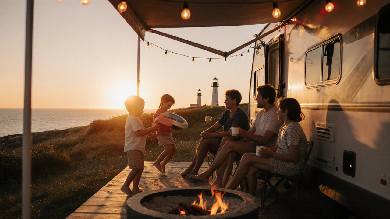 Family enjoying a sunset on their RV deck by the sea with string lights and distant lighthouse.