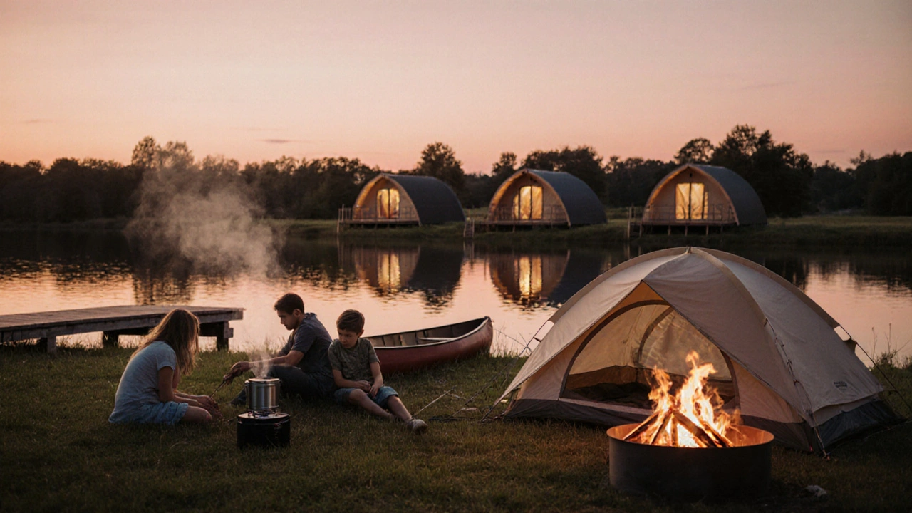 Family pitching a tent by a sunrise lake with glamping pods nearby.
