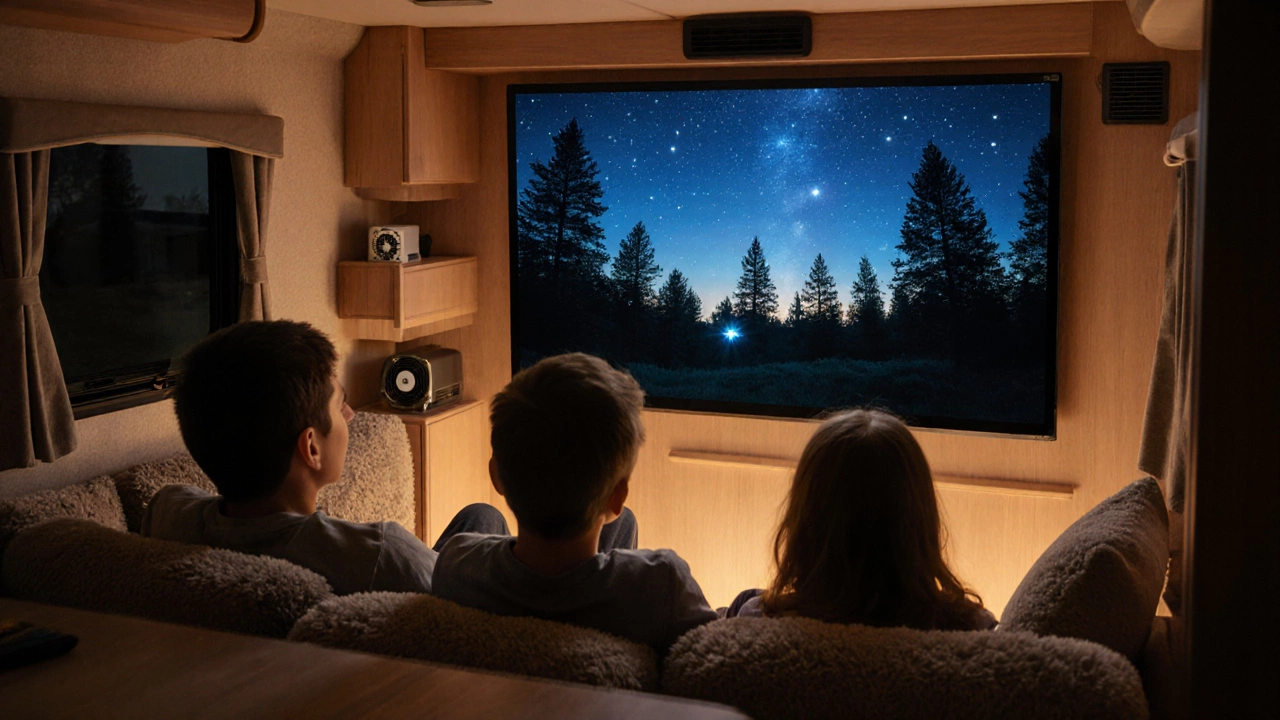 Family watching a movie on a small RV TV under a starry night sky.