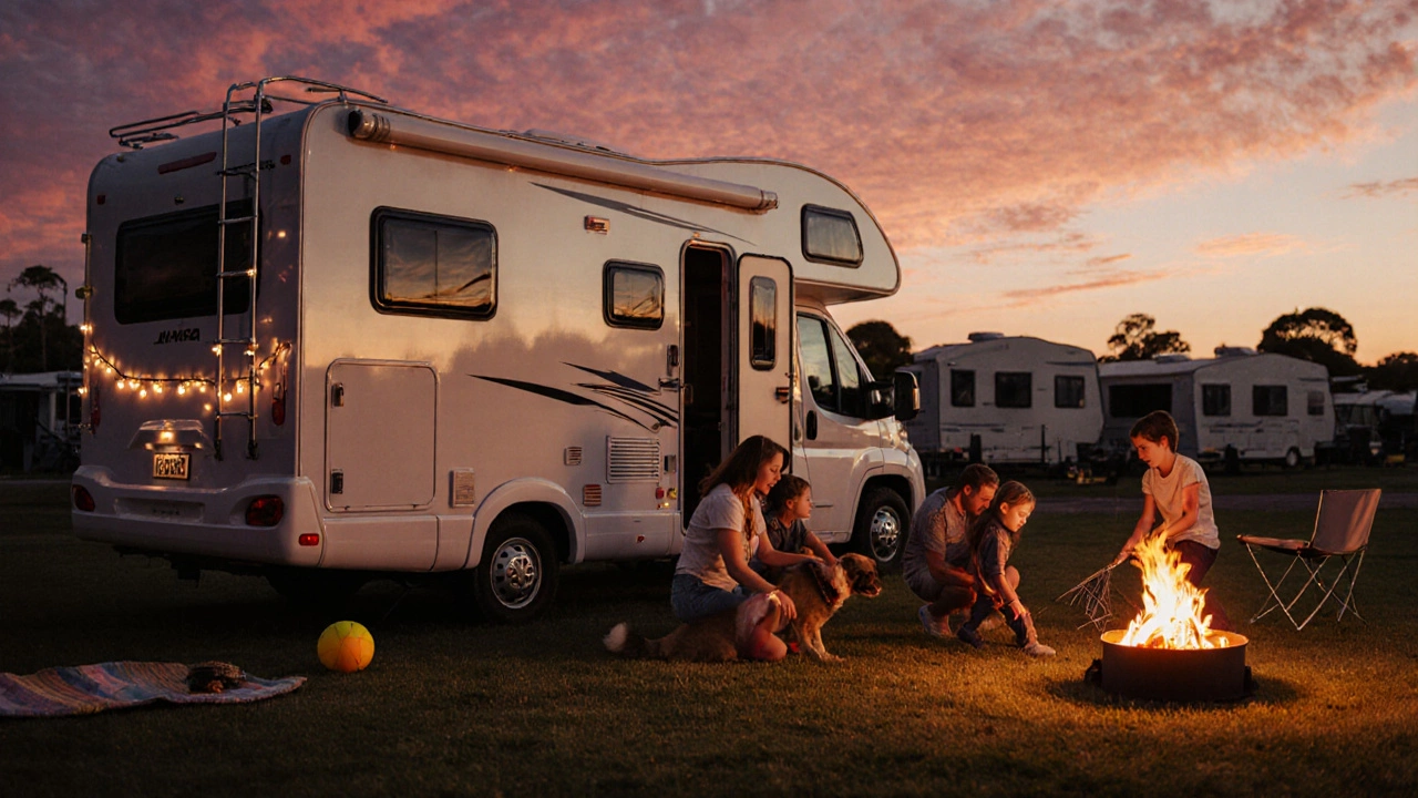 Family with dog relaxing at a motorhome campsite at sunset.