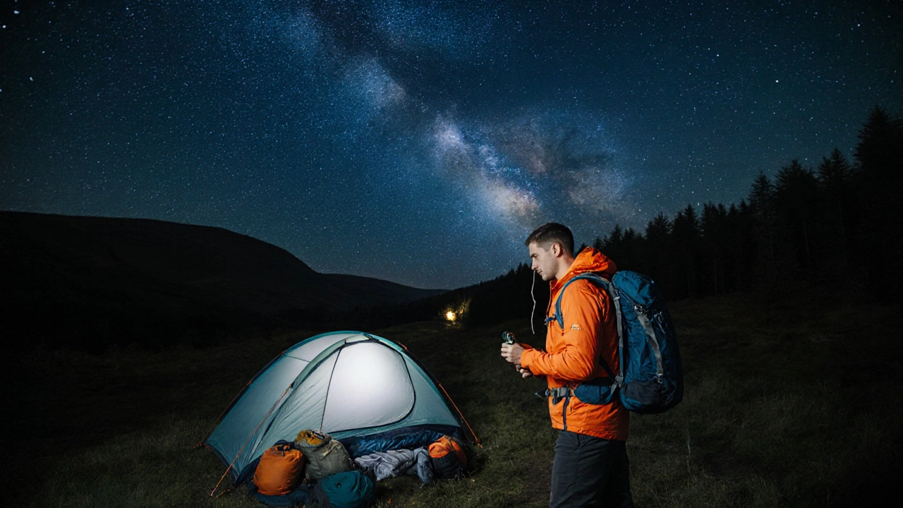 Folded tent under the Milky Way, hiker with gear ready to leave.