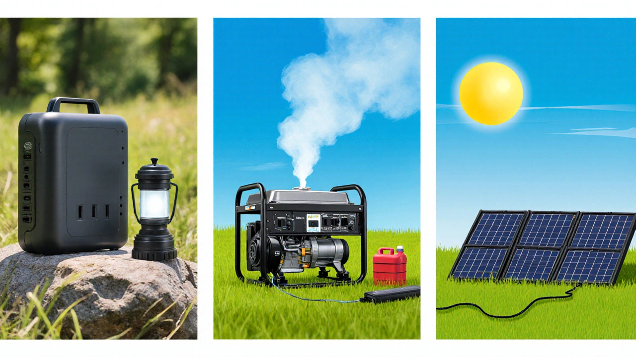 Illustration of a power station, generator, and solar panels set up at a campsite.