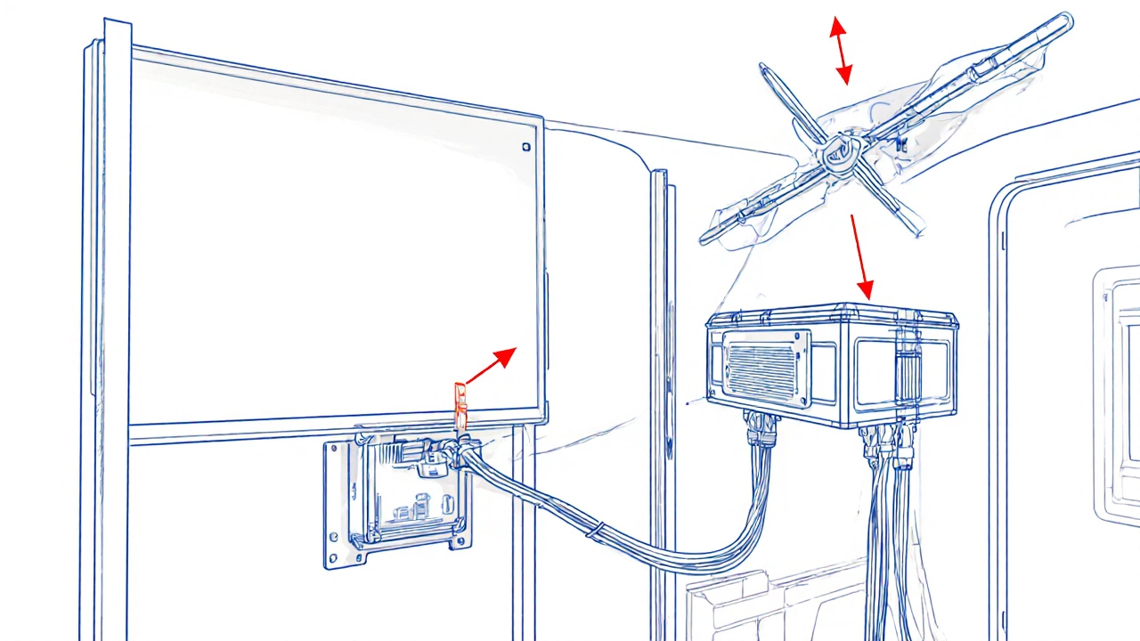 Illustration of TV mounting, inverter, battery, and roof antenna in a motorhome.