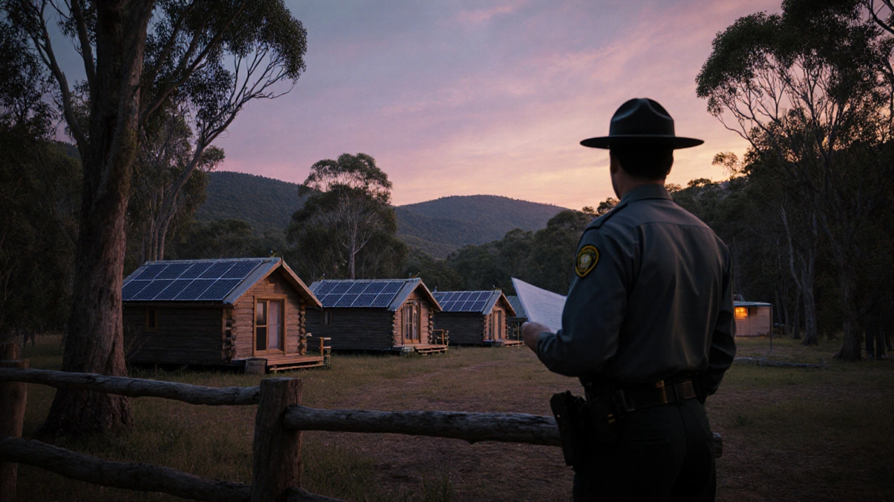 Legal tiny‑house community in a forest clearing with a ranger overseeing.