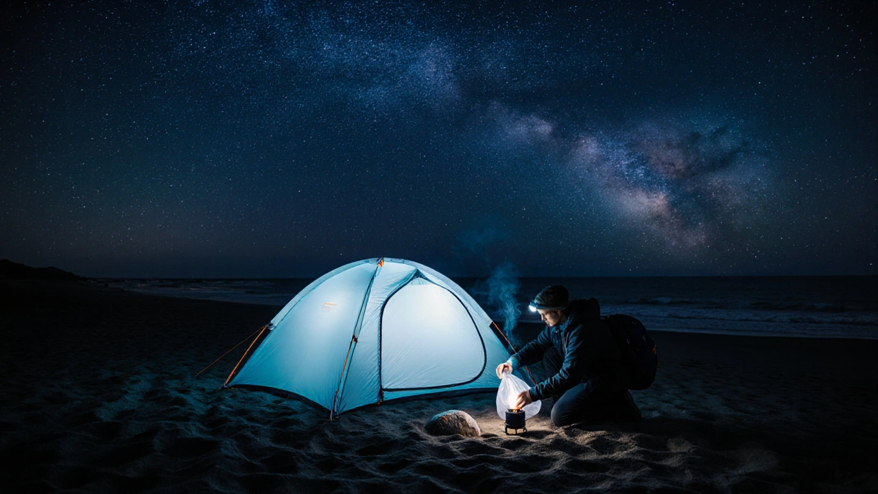 Night beach scene with a tent, camper packing trash, and a starry sky.