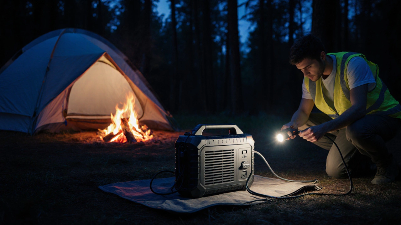Nighttime camper inspects a power station near a tent, emphasizing safety.