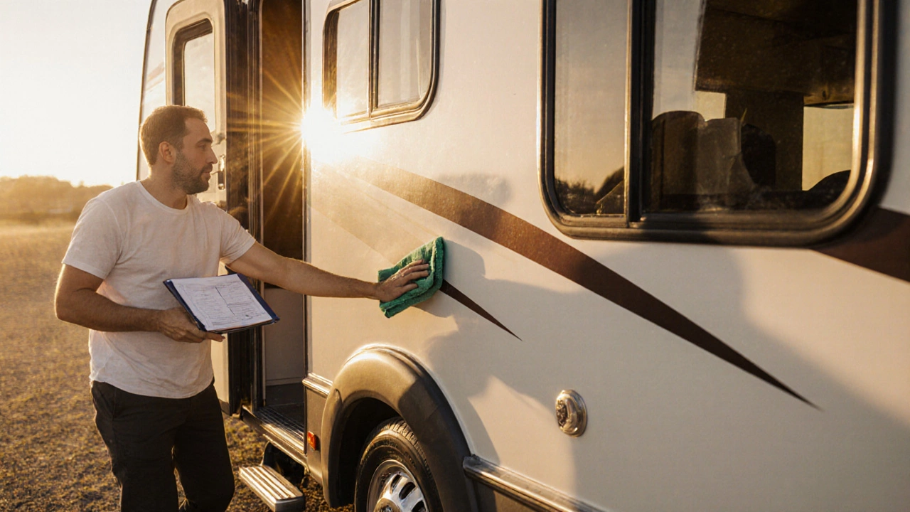 Owner polishing a motorhome exterior with service log and tidy interior visible.