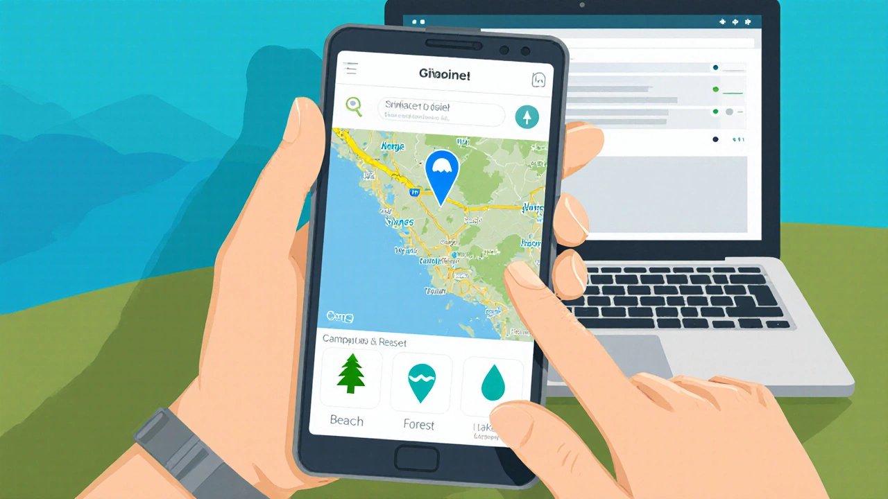 Phone screen showing campsite map with beach, forest, and lake icons.