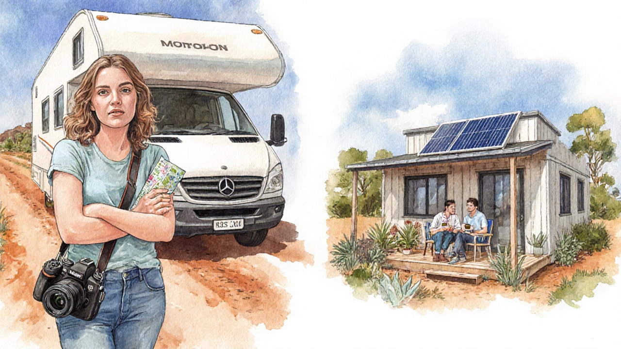 Photographer beside a motorhome and a couple on a tiny home porch with coffee and solar panels.