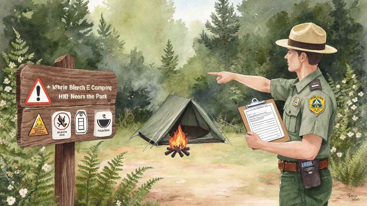 Ranger reviewing a campsite permit beside a wooden sign in a national park.