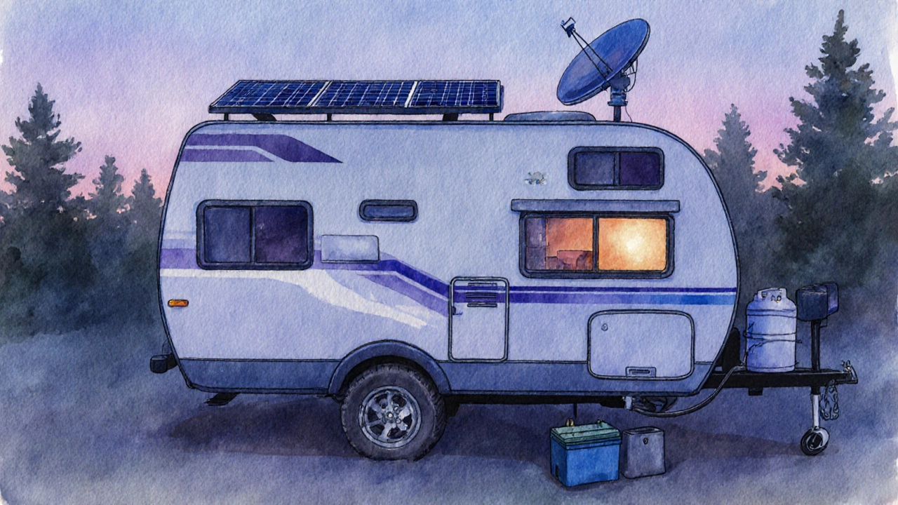 RV equipped with solar panels, battery, rainwater tank and satellite dish at dusk.
