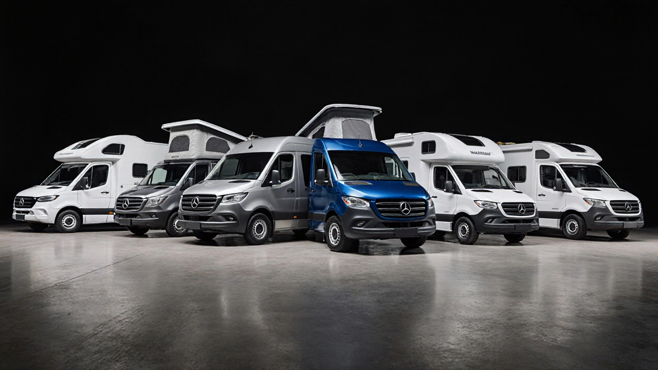 Seven top‑selling motorhomes lined up in a bright showroom display.