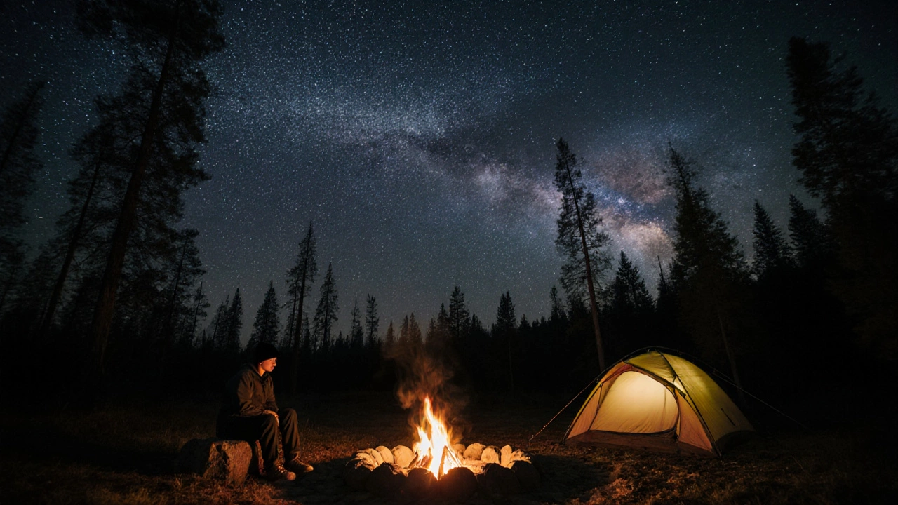 Silhouette of camper by fire under a starry sky in a remote wilderness.