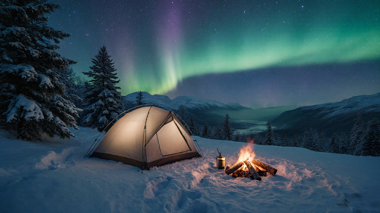 Snow‑covered winter campsite in the Scottish Highlands, lone tent under aurora light.