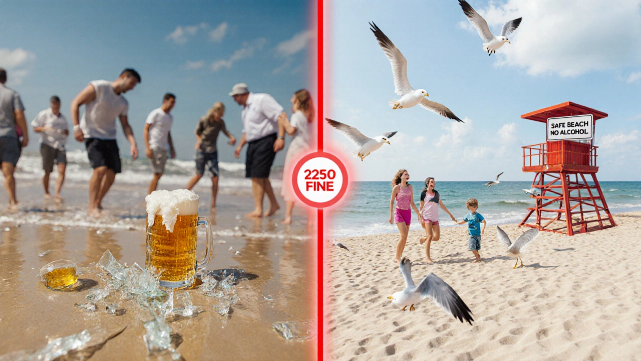 Split image: chaotic beach with spilled beer vs. calm clean shore with safety signs and families.