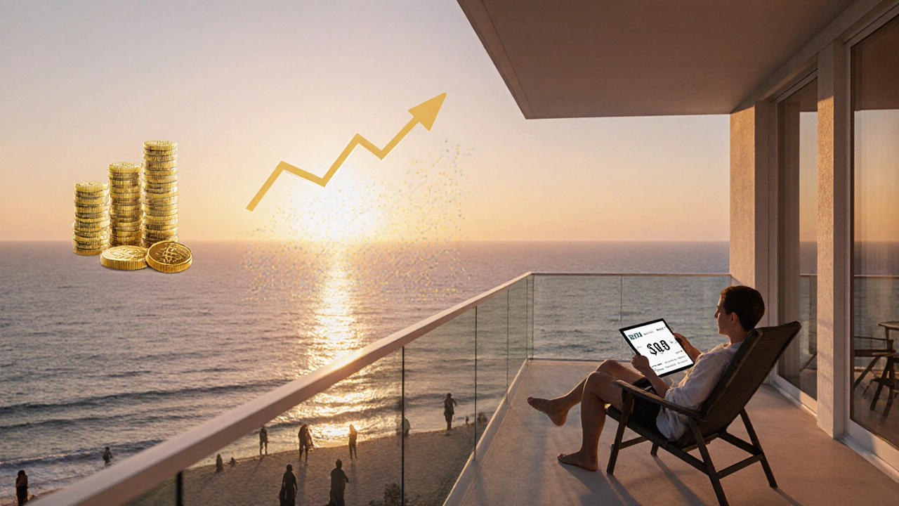 Sunset balcony of Ocean Lakes house, person viewing rental income on tablet, ocean backdrop.