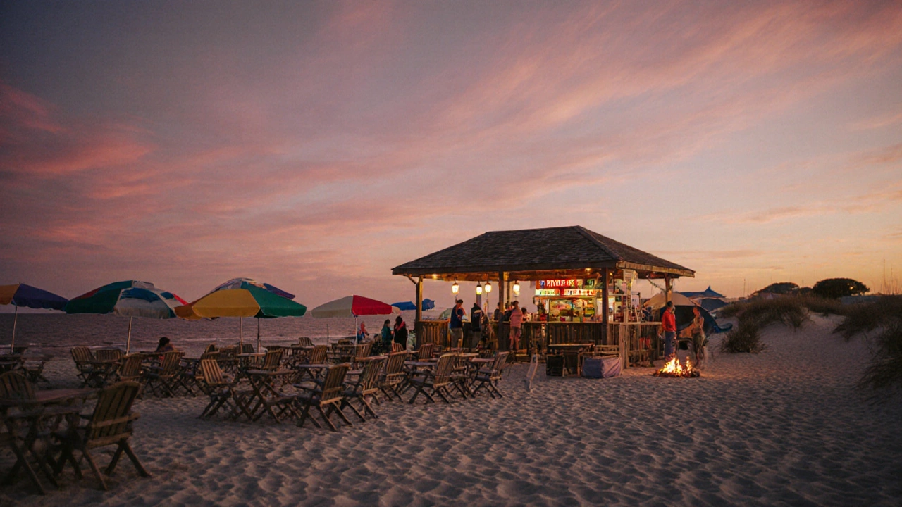 Sunset view of state park amenities: umbrellas, showers, campsite and tents.