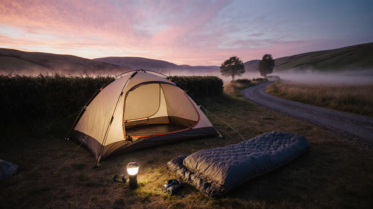 Tent secured by a hedge at sunrise with gear and distant road.