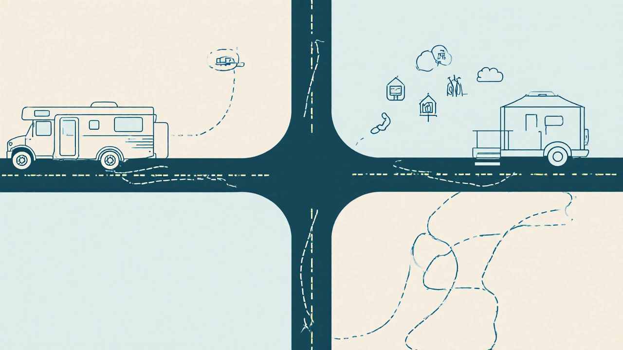 Top‑down crossroads showing paths toward an RV and a tiny home with simple icons.