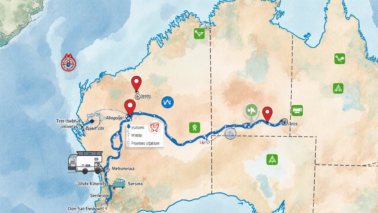 Top-down view of a route map with icons for attractions, rest points, and campsites.