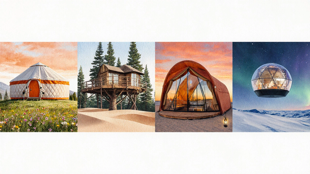Watercolor collage of yurt, treehouse, desert safari tent, and glass pod in varied settings.