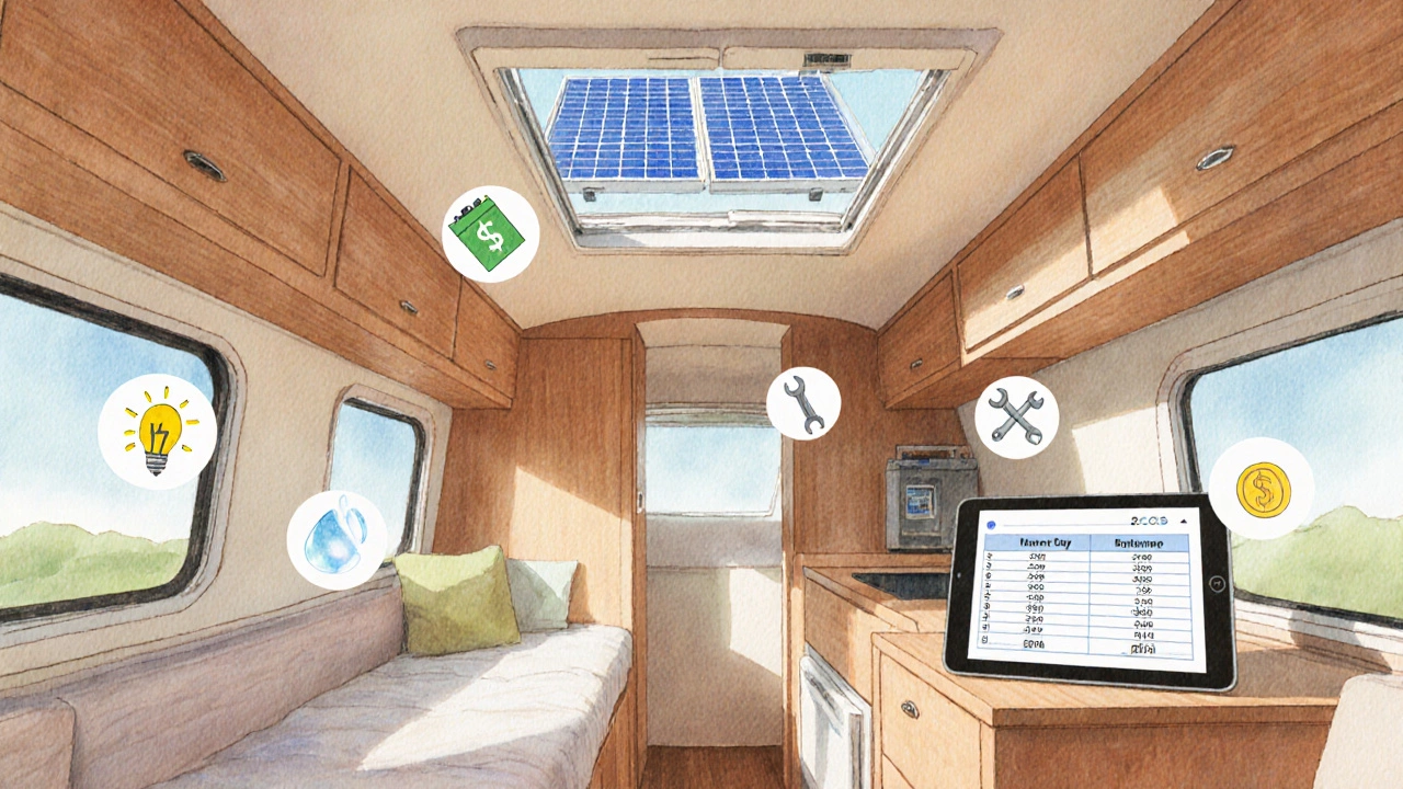 Watercolor interior of a caravan showing solar panels, a tablet with expenses, and floating cost icons.