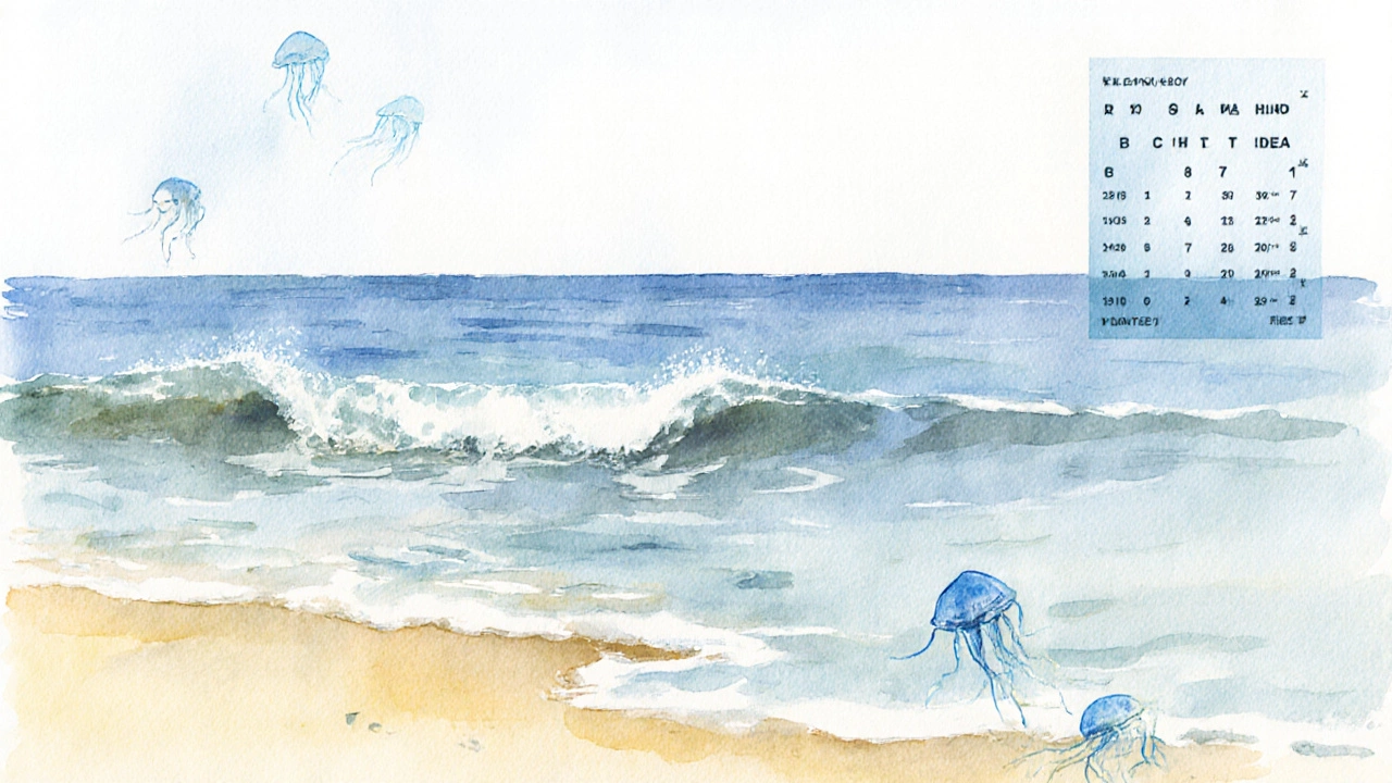 Watercolor showing gentle water, sandbars, rip current and jellyfish near shore.