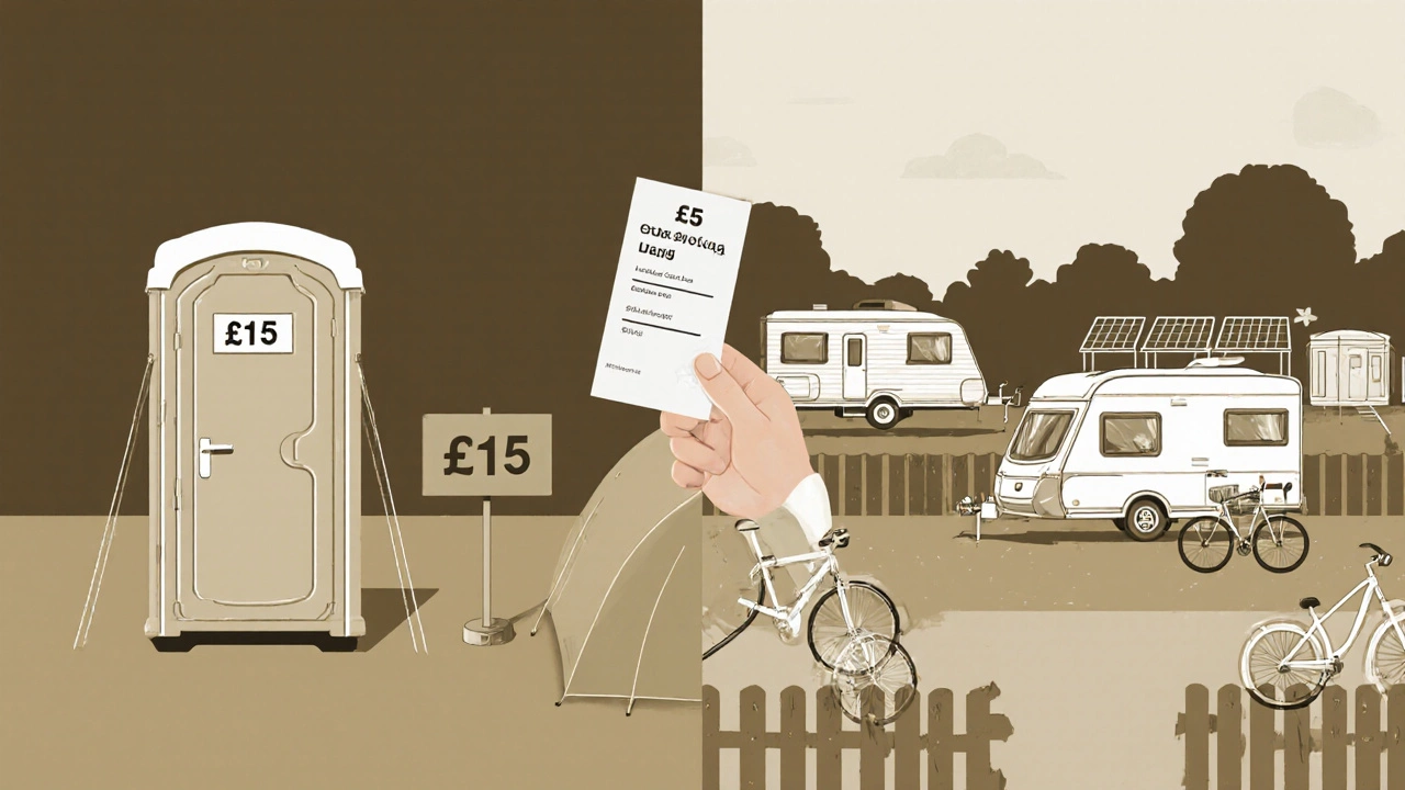 Contrasting basic and premium camping sites with facilities shown visually without text.