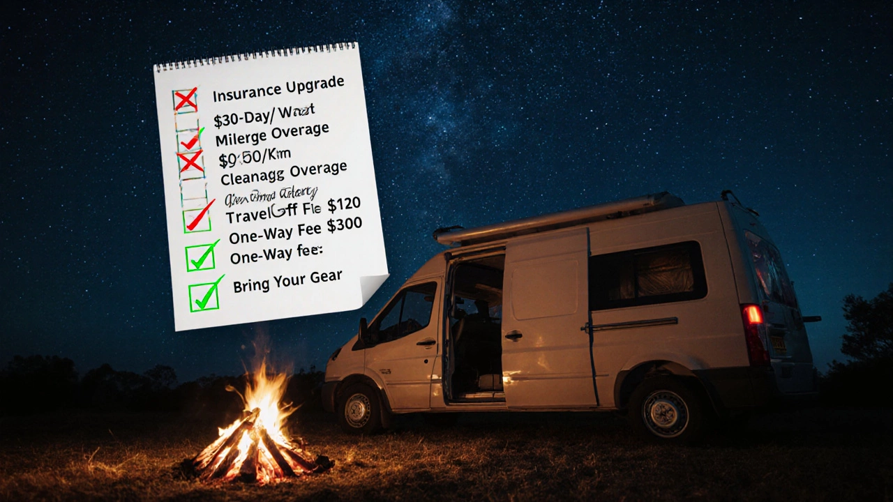 Floating checklist with rental fees and savings tips above a campervan at night
