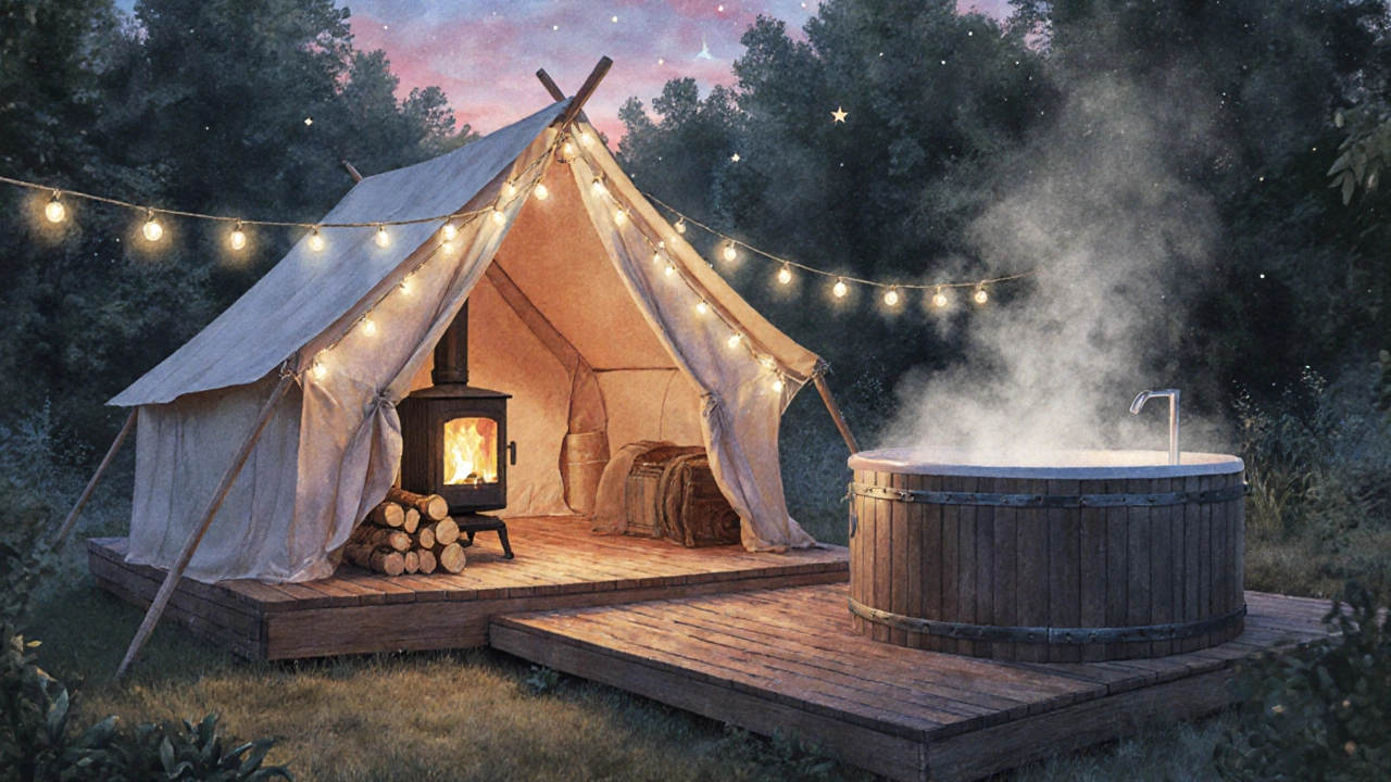 Luxury glamping bell tent with a hot tub and glowing log burner at dusk in a forest setting.