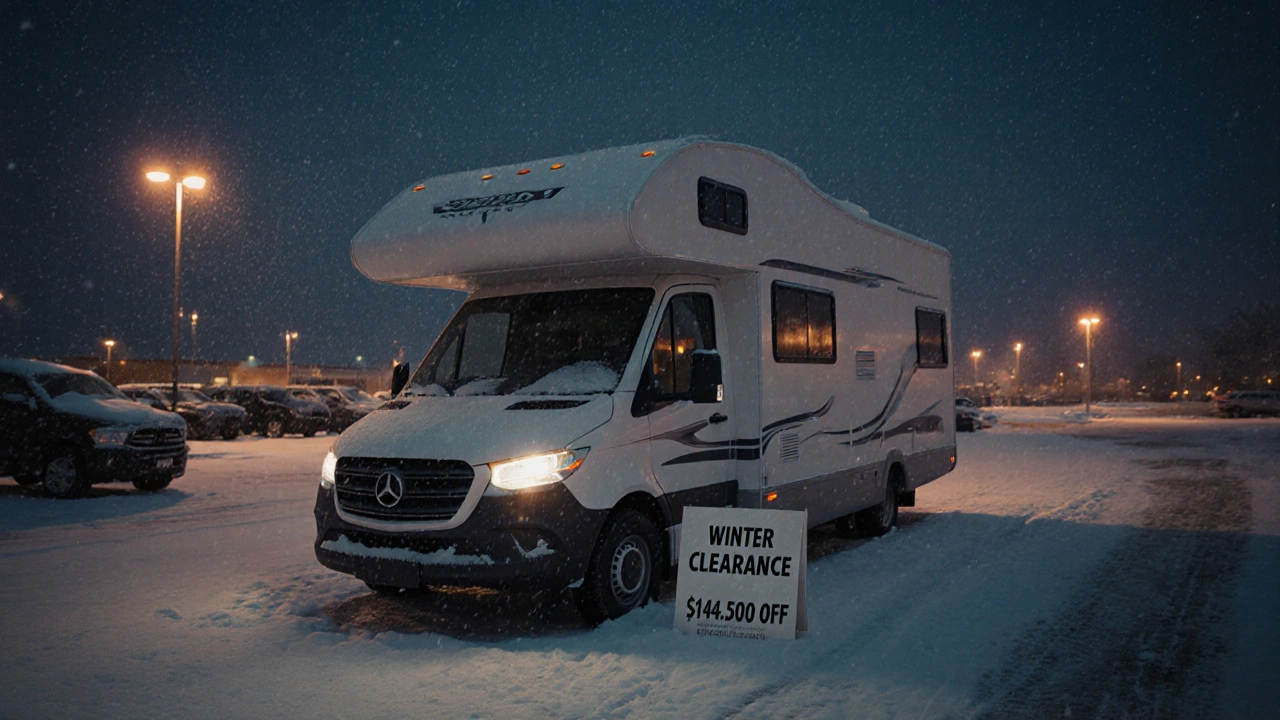 Quiet motorhome lot in winter with snow and a discounted RV under soft lights.