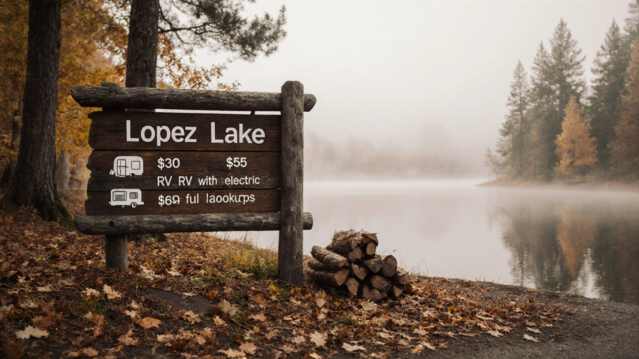 Rustic wooden sign with camping rate symbols beside firewood and pine needles at lake edge.