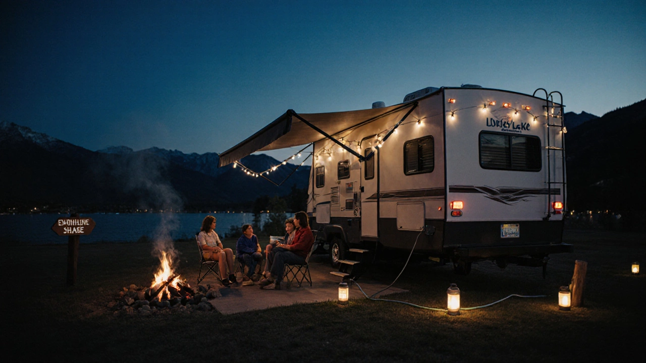 RV with hookups parked at campground at dusk, family relaxing outside under string lights.