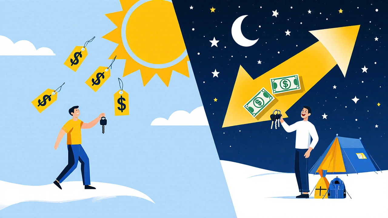 Split image showing high summer price vs. winter discount with dollar-to-camping gear transformation.