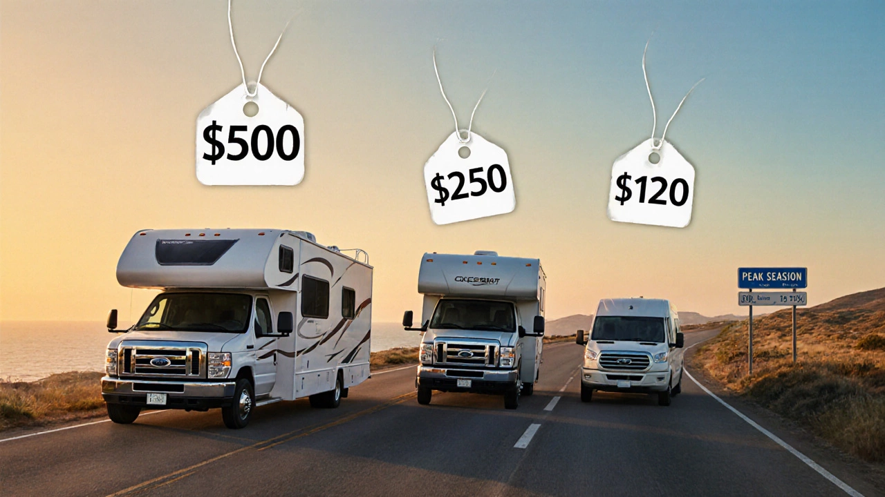 Three types of RVs with price tags floating above them on a coastal highway