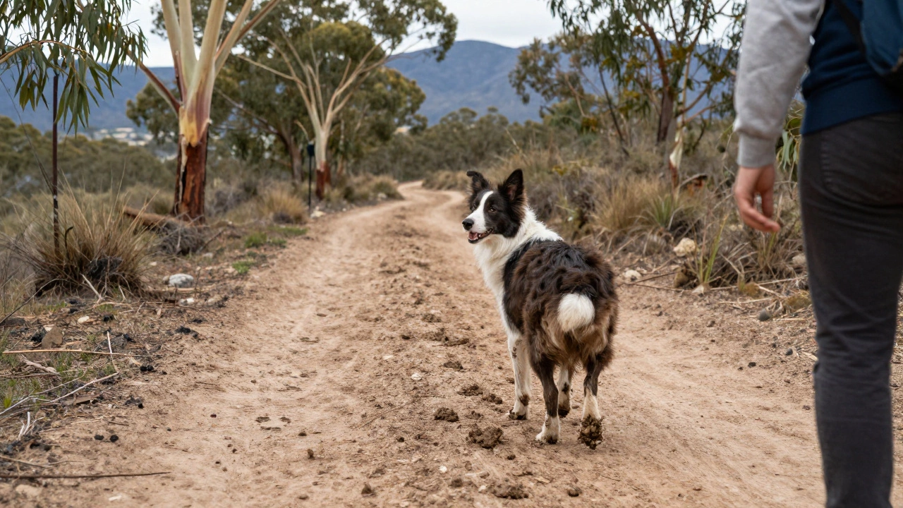 A Border Collie leading the way on a campsite path with muddy paws and a joyful look.