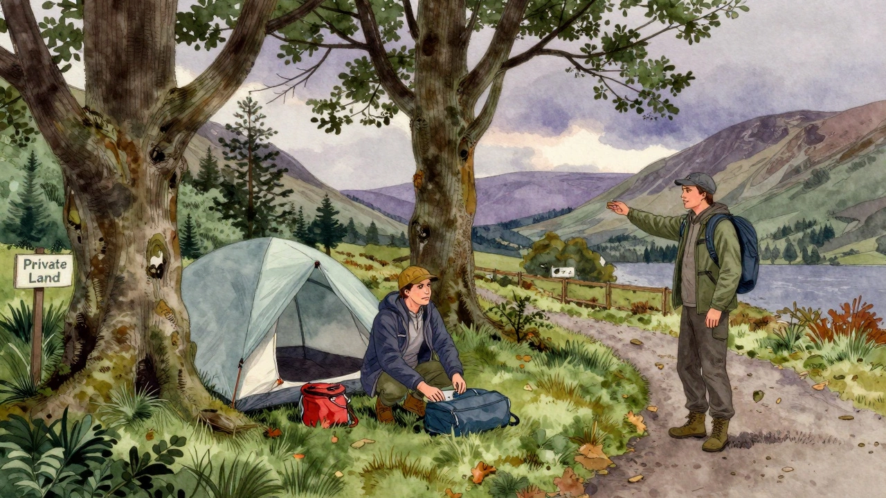 A camper packs up as a landowner gestures toward a path in the Lake District, showing quiet tension.