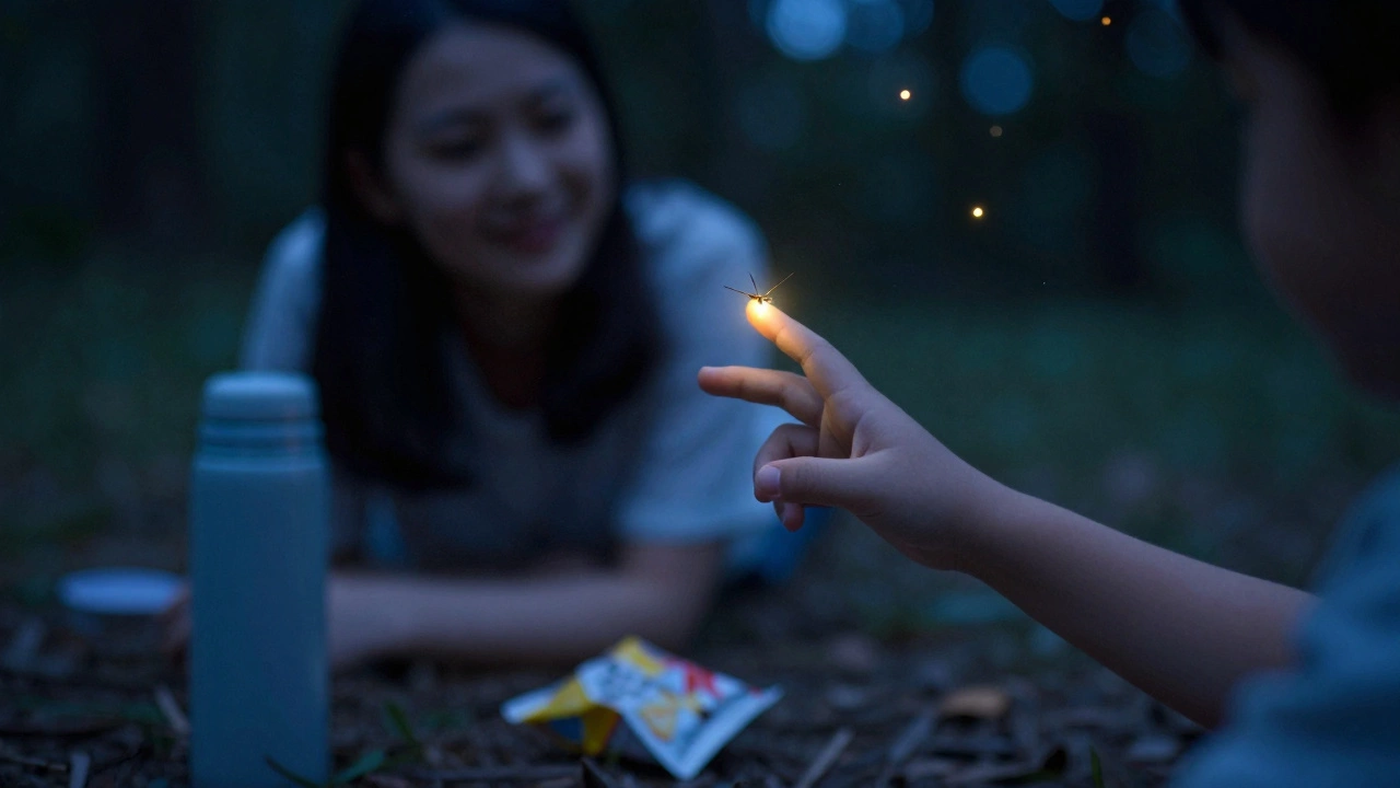 A child's hand reaches toward a glowing firefly at night, stars visible above as parents watch quietly in the background.