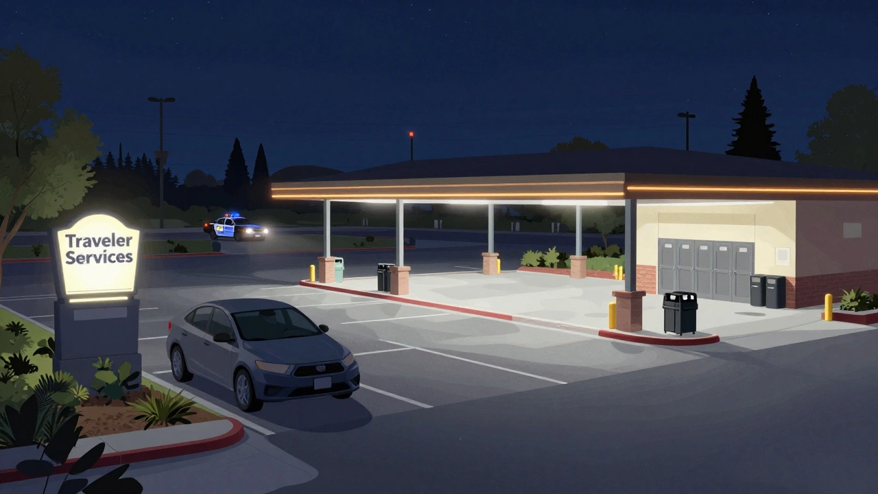 A clean state rest area at night with a parked car and distant patrol lights, no camping equipment visible.
