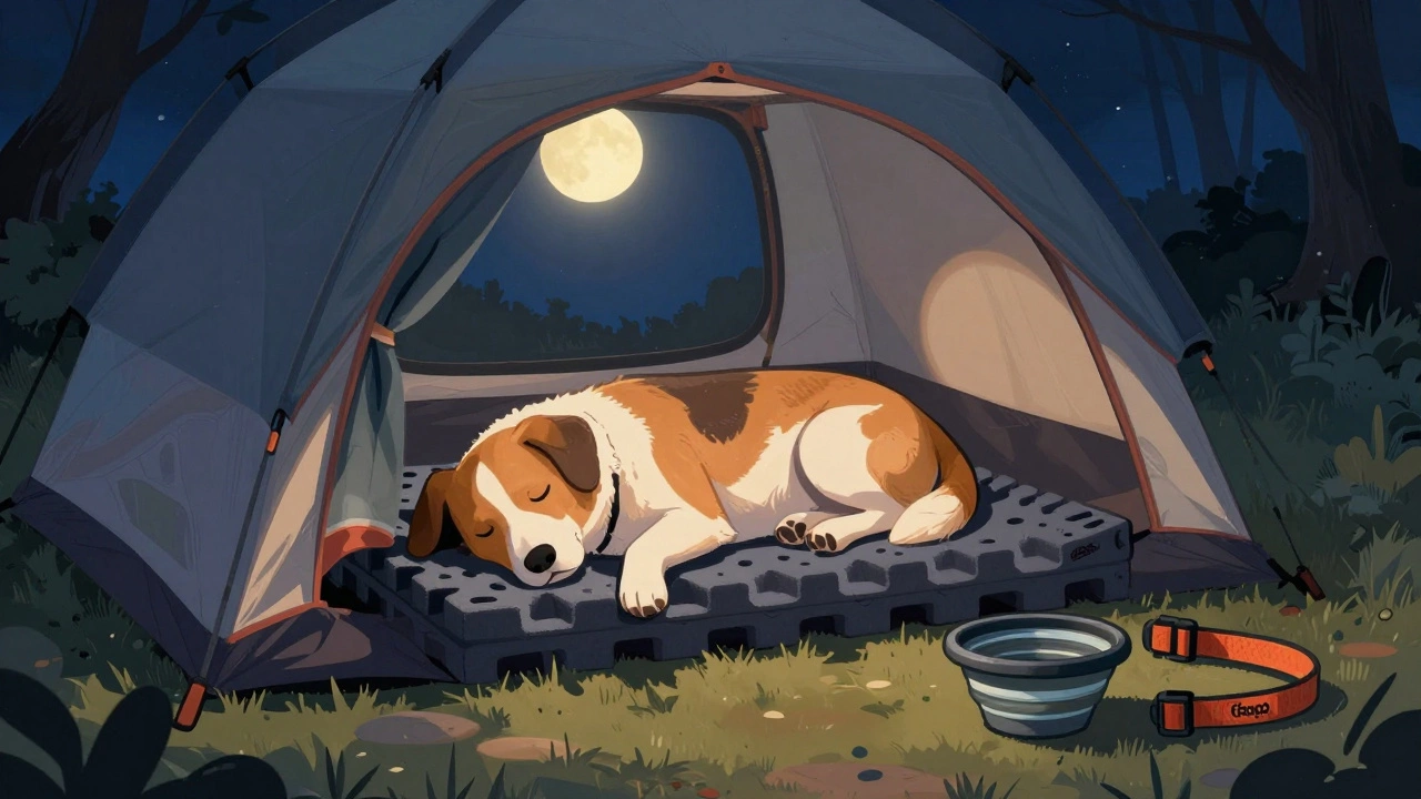 A dog sleeping peacefully in a tent under moonlight with camping gear nearby.